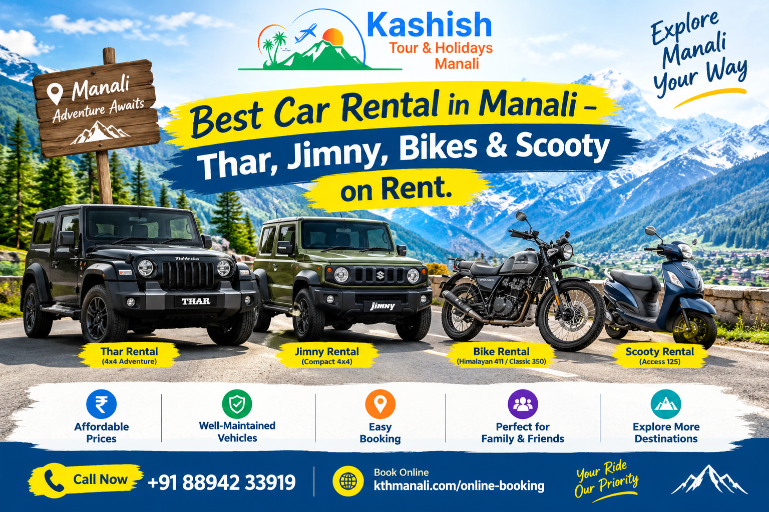 Best Car Rental in Manali – Thar, Jimny, Bikes & Scooty on Rent